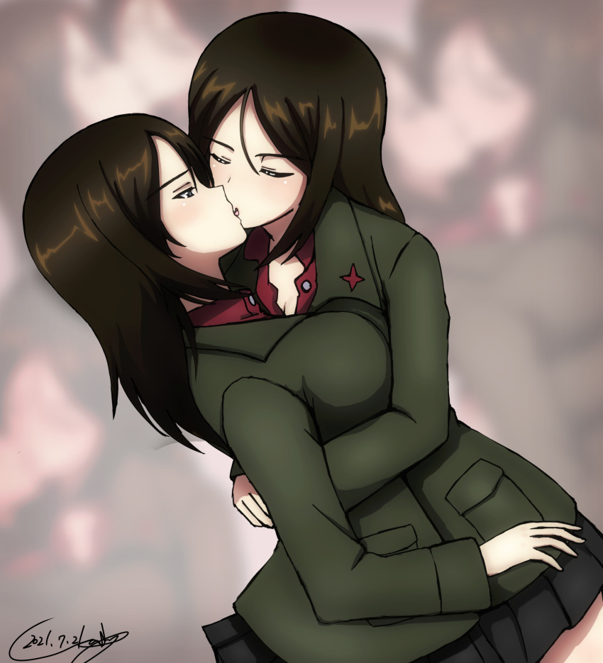 2girls artist_name bangs black_hair blue_eyes bukkuri closed_eyes commentary dated dual_persona girls_und_panzer half-closed_eyes highres hug kiss long_hair looking_at_another multiple_girls nonna_(girls_und_panzer) pravda_school_uniform school_uniform selfcest signature standing swept_bangs yuri