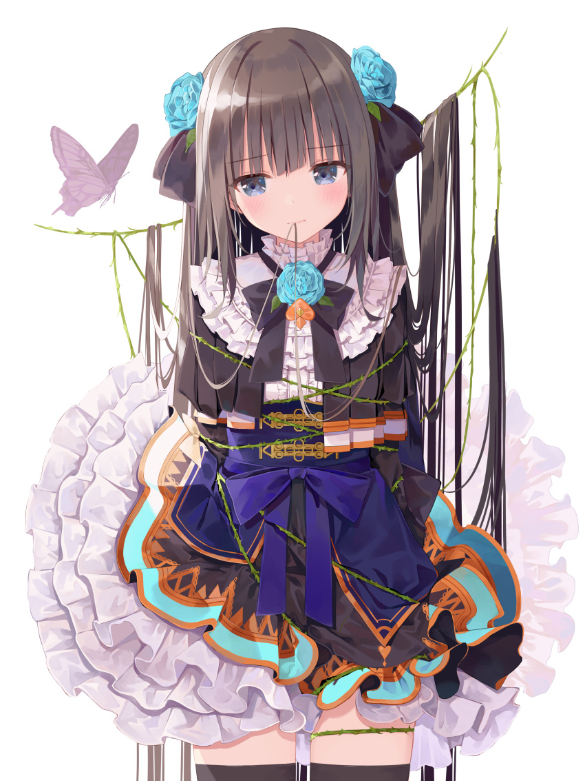 1girl absurdres arcaea bangs banned_artist black_bow black_hair black_legwear black_neckwear black_ribbon black_skirt blue_bow blue_eyes blue_flower blue_rose blue_skirt blunt_bangs blush bow bug butterfly cowboy_shot dress eyebrows_visible_through_hair flower frilled_dress frilled_skirt frills hair_flower hair_in_mouth hair_ornament hair_ribbon highres long_hair multicolored_clothes multicolored_skirt orange_skirt plant ribbon rose samayoi simple_background skirt solo standing tairitsu_(arcaea) thighhighs very_long_hair vines white_background white_skirt zettai_ryouiki