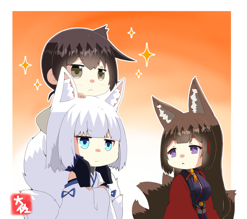 3girls amagi_(azur_lane) animal_ears artist_logo azur_lane bare_shoulders blue_eyes blush brown_eyes brown_hair closed_mouth crossover detached_sleeves eyebrows_visible_through_hair fox_ears fox_tail hair_between_eyes japanese_clothes kaga_(azur_lane) kaga_(kancolle) kantai_collection long_hair multiple_girls multiple_tails namesake purple_eyes short_hair side_ponytail sparkle tail taisa_(kari) white_hair wide_sleeves