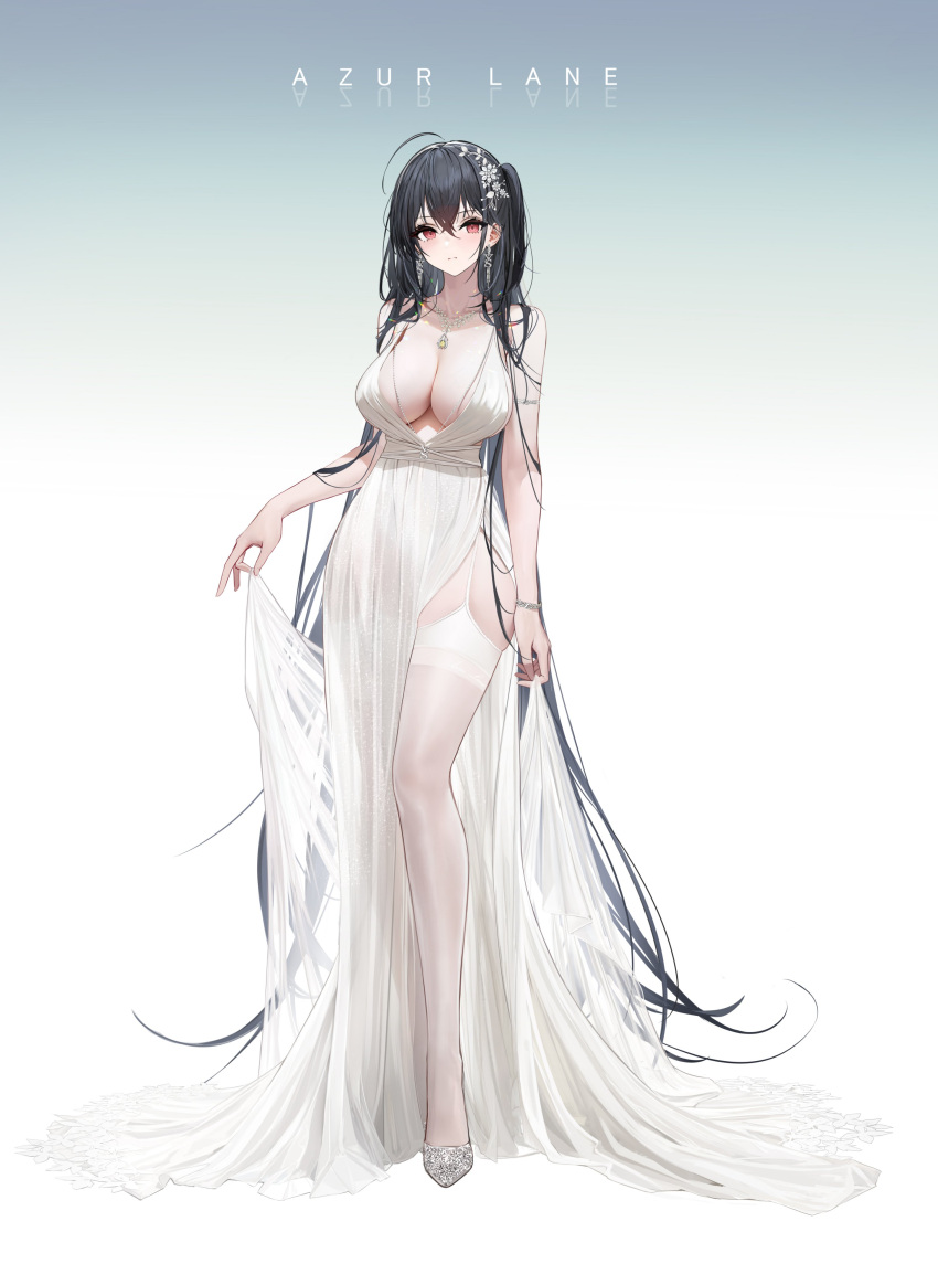 1girl absurdly_long_hair absurdres ahoge azur_lane bare_shoulders black_hair blue_background breasts cleavage closed_mouth commentary_request concept_art copyright_name dress full_body garter_straps gradient gradient_background hair_between_eyes hair_ornament hair_over_shoulder highres jewelry large_breasts legs long_hair looking_at_viewer necklace official_alternate_costume official_art red_eyes shoes skindentation solo standing taihou_(azur_lane) taihou_(temptation_on_the_sea_breeze)_(azur_lane) thighhighs very_long_hair white_background white_dress white_footwear white_legwear yunsang