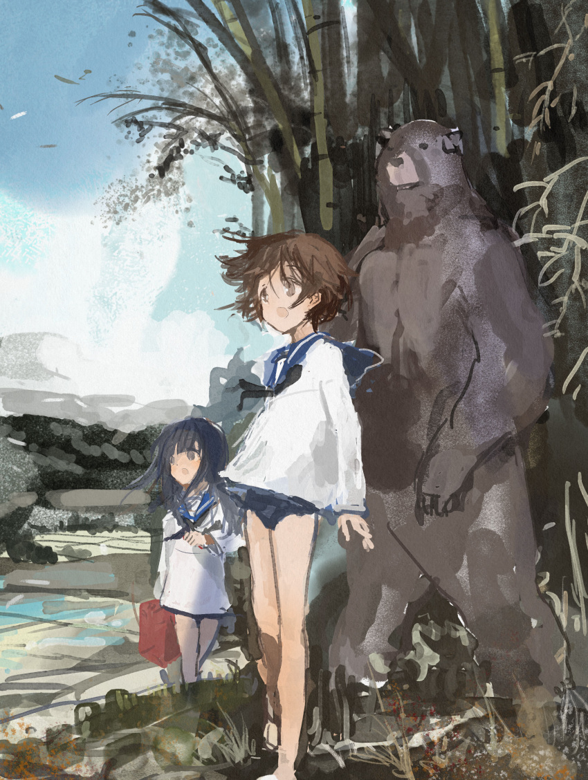 2girls absurdres bamboo bear bento black_eyes black_hair brown_eyes brown_hair commentary_request faux_traditional_media grass highres hill kabuyama_kaigi long_hair looking_afar looking_to_the_side miyafuji_yoshika multiple_girls neckerchief open_mouth outdoors sailor_collar short_hair smile strike_witches texture wind world_witches_series yamakawa_michiko