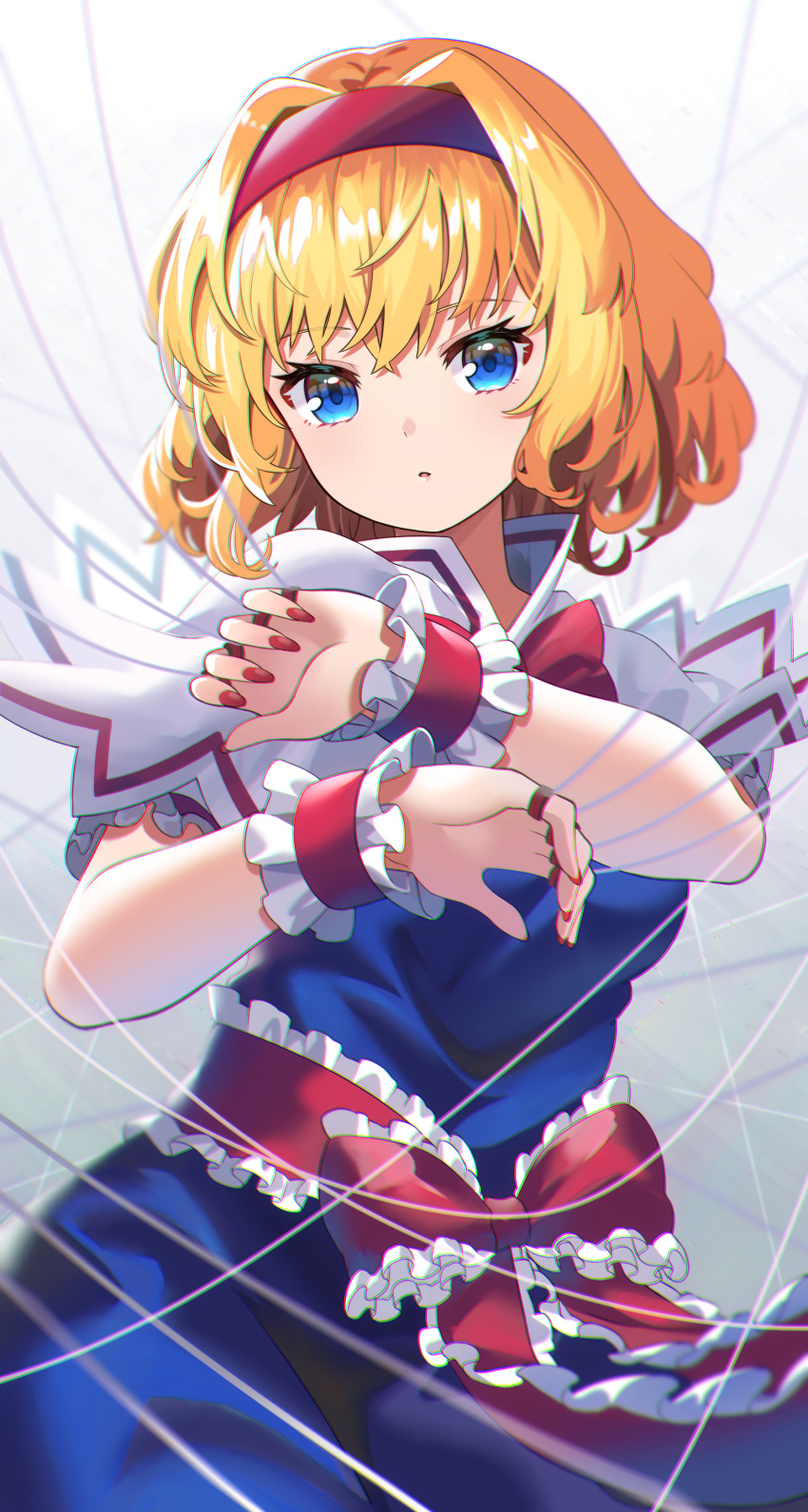 1girl absurdres alice_margatroid blonde_hair blue_eyes capelet commentary_request fingernails frilled_ribbon frills hairband highres nail_polish parted_lips puppet_strings red_hairband red_nails red_neckwear red_ribbon ribbon shirt short_hair short_sleeves solo touhou white_capelet white_shirt yuujin_(yuzinn333)