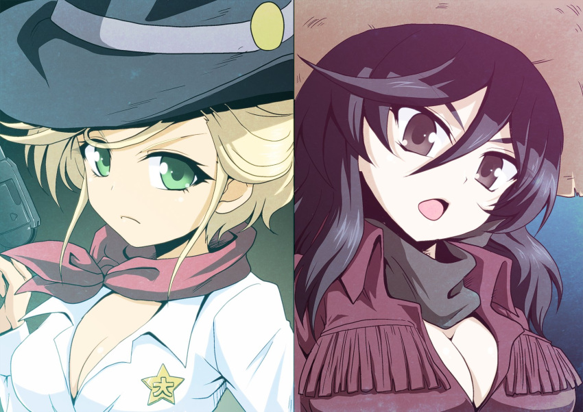 2girls bangs belle_(girls_und_panzer) black_bandana black_eyes black_hair black_headwear black_neckwear blonde_hair breasts brown_headwear brown_shirt cleavage closed_mouth collared_shirt commentary cowboy_shot fringe_trim frown girls_und_panzer girls_und_panzer_saishuushou green_eyes gun highres holding holding_gun holding_weapon jane_(girls_und_panzer) kamishima_kanon long_hair long_sleeves looking_at_viewer medium_breasts multiple_girls open_mouth red_bandana red_neckwear revolver shirt short_hair split_screen star_(symbol) weapon white_shirt