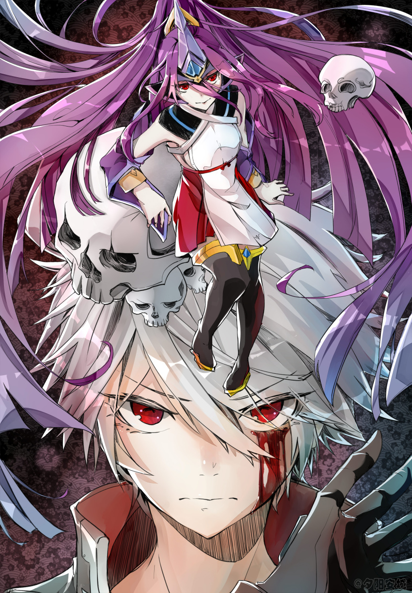 1boy 1girl absurdres black_gloves blazblue blood blood_on_face breasts cowboy_shot detached_sleeves gloves green_hair hair_between_eyes highres horns long_hair looking_at_viewer mikado_(blazblue) naoto_kurogane purple_eyes purple_hair red_eyes short_hair sideboob simple_background single_horn skull small_breasts thighs very_long_hair white_background wide_sleeves yuuhianjo