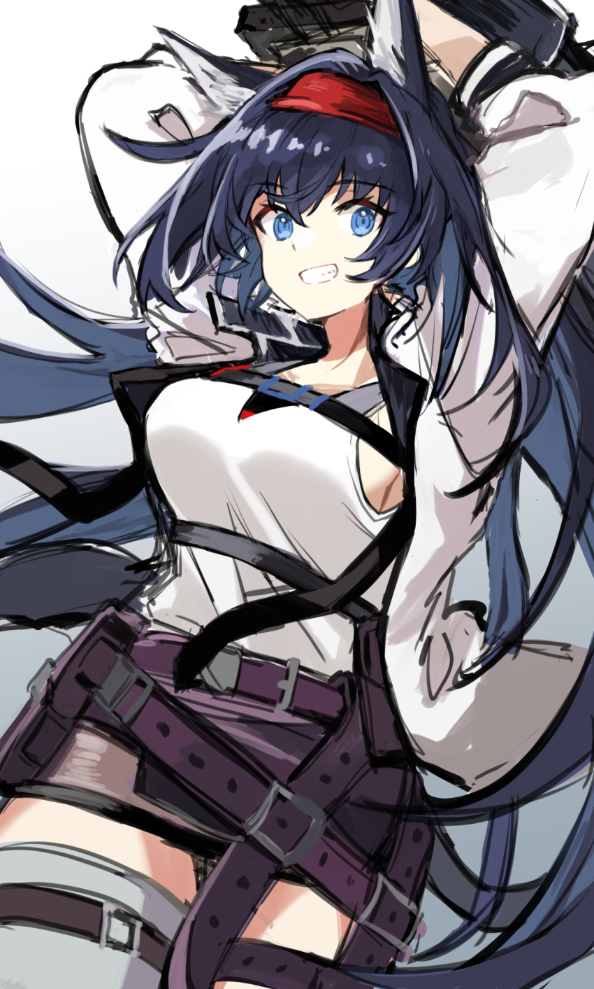 1girl :d animal_ears arknights arms_behind_head bangs black_hair blaze_(arknights) blue_eyes breasts cat_ears exion_(neon) eyebrows_visible_through_hair grin hair_between_eyes hairband highres jacket large_breasts long_hair looking_at_viewer open_clothes open_jacket open_mouth red_hairband shirt smile solo thighhighs white_jacket white_legwear white_shirt