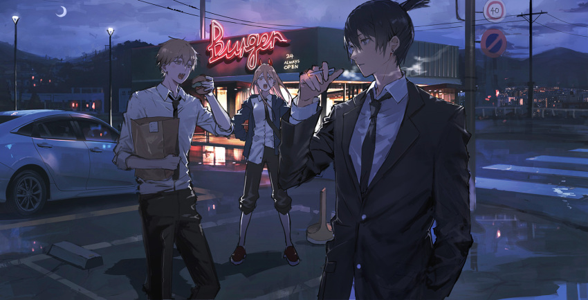 1girl 2boys bag bangs black_necktie blazer burger business_suit car chainsaw_man cigarette city_lights collared_shirt dark demon_girl demon_horns denji_(chainsaw_man) earrings fang food formal ground_vehicle hair_between_eyes hayakawa_aki_(chainsaw_man) holding holding_bag holding_cigarette horns jacket jewelry light lococo:p long_hair md5_mismatch moon motor_vehicle multiple_boys necktie night night_sky open_mouth outdoors pants pants_rolled_up power_(chainsaw_man) receipt red_horns resolution_mismatch restaurant road sharp_teeth shirt shirt_tucked_in shoes short_hair sign sky sleeves_rolled_up smoke sneakers source_larger standing street suit teeth utility_pole white_shirt