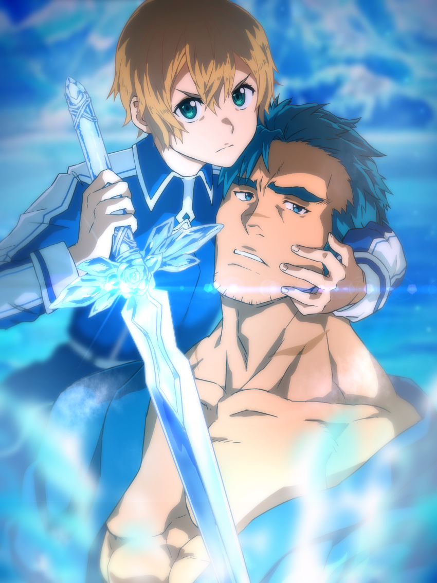 2boys absurdres bangs bercouli_(sao) blonde_hair blue_eyes blue_hair blue_jacket blue_kimono blue_rose_sword eugeo facial_hair green_eyes hair_between_eyes hand_on_another's_cheek hand_on_another's_face highres holding holding_sword holding_weapon ice jacket japanese_clothes kimono konohanaya large_pectorals long_sleeves looking_at_viewer male_focus mature_male multiple_boys muscular muscular_male open_clothes open_kimono parted_lips pectorals scar scar_on_face scar_on_neck scar_on_nose short_hair stubble sword sword_art_online sword_art_online:_alicization thick_eyebrows uniform weapon