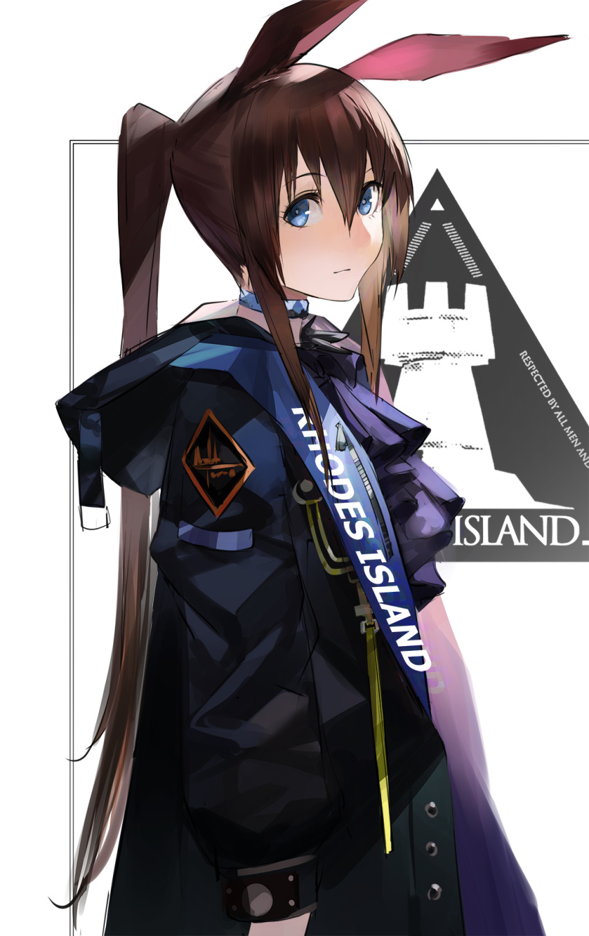 1girl amiya_(arknights) animal_ears arknights ascot black_jacket blazpu blue_ascot blue_collar blue_eyes collar cowboy_shot from_side hair_between_eyes highres jacket long_hair looking_at_viewer open_clothes open_jacket ponytail rabbit_ears rhodes_island_logo sidelocks solo white_background