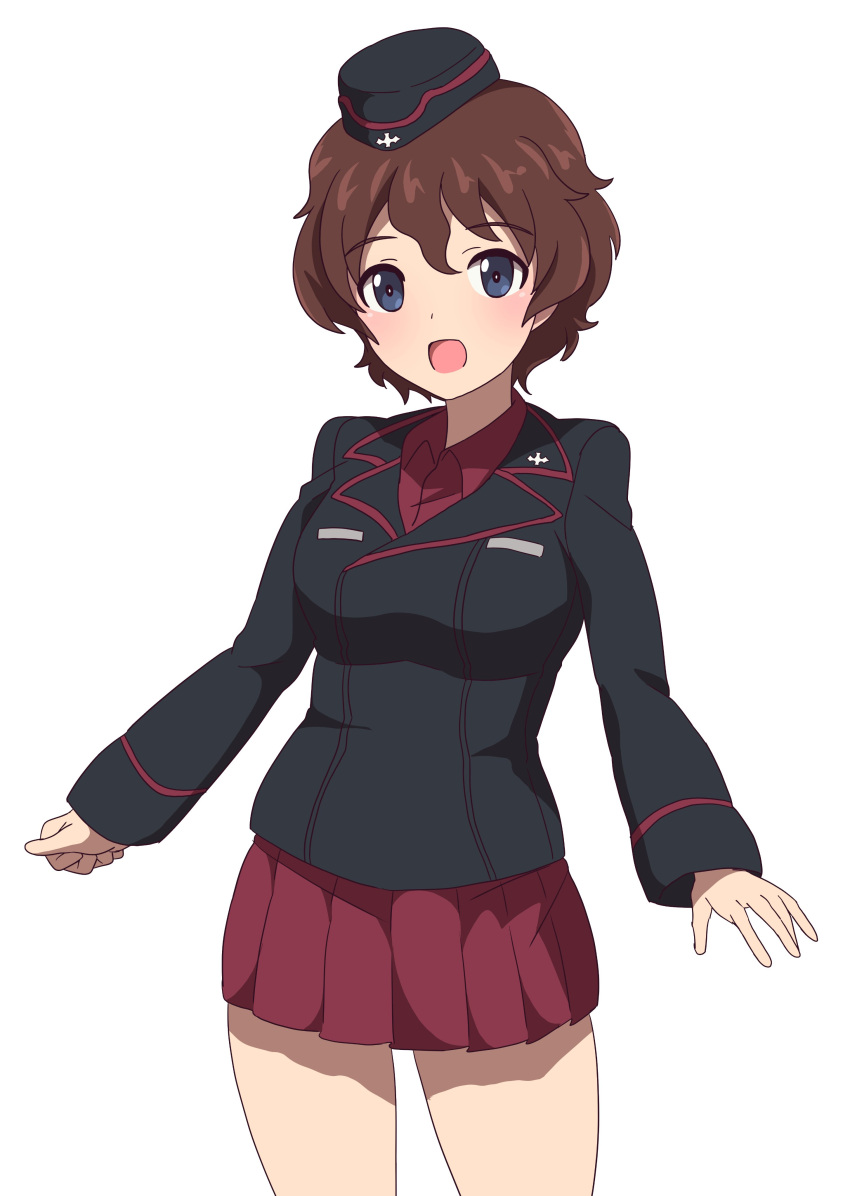 1girl 9s0ykoyama117 absurdres akaboshi_koume bangs black_headwear black_jacket blue_eyes brown_hair commentary_request cowboy_shot dress_shirt eyebrows_visible_through_hair garrison_cap girls_und_panzer hat highres insignia jacket kuromorimine_military_uniform long_sleeves looking_at_viewer military military_hat military_uniform miniskirt open_mouth pleated_skirt red_shirt red_skirt shirt short_hair simple_background skirt smile solo standing uniform wavy_hair white_background wing_collar