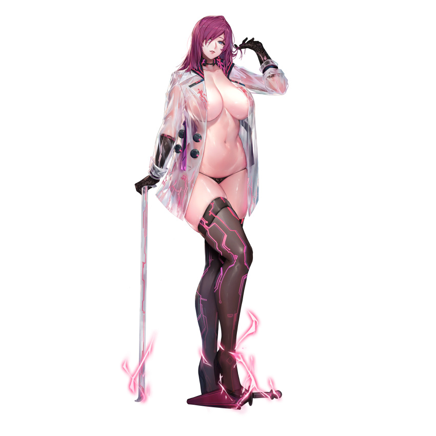 1girl areolae black_legwear blue_eyes breasts crowbar gloves hair_down high_heels highres jam_(nandade) large_breasts last_origin looking_at_viewer navel nicky_tracy official_art panties purple_hair see-through smile solo tachi-e thighhighs transparent_background underwear