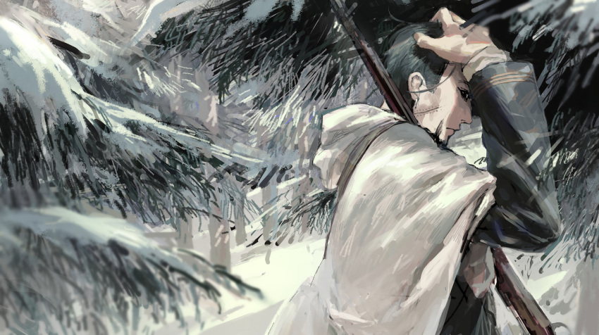 1boy black_eyes black_hair cape closed_mouth forest from_side golden_kamuy hand_up highres hood hood_down hooded_cape long_sleeves looking_at_viewer looking_to_the_side male_focus nature ogata_hyakunosuke outdoors pine_tree scar scar_on_cheek scar_on_face sideways_glance snow solo surgical_scar tentsuu_(tentwo) tree white_cape