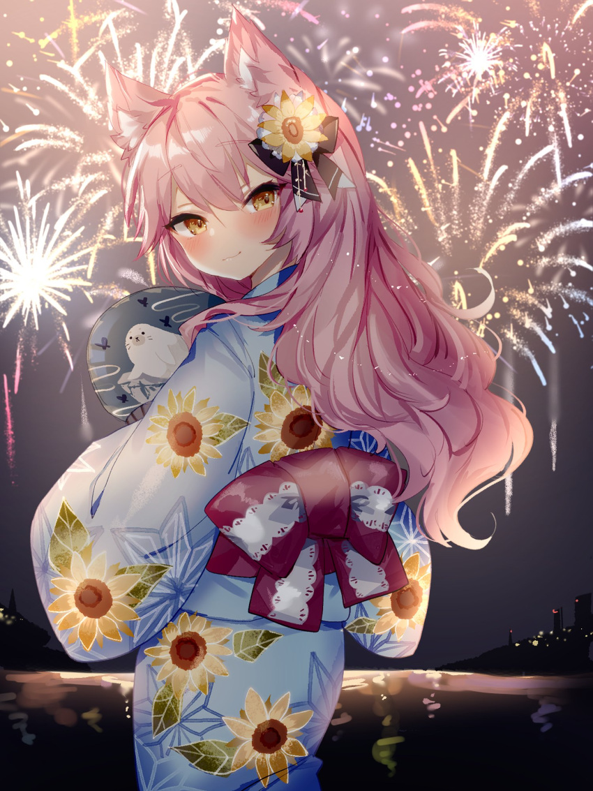 1girl :3 animal_ear_fluff animal_ears back_bow bangs blush bow cat_ears cat_girl commission eyebrows_visible_through_hair fireworks floral_print flower hair_between_eyes hair_flower hair_ornament hand_fan highres japanese_clothes kimono leaf long_hair long_sleeves looking_at_viewer nyatasha_nyanners orange_eyes pink_hair print_kimono seal_(animal) second-party_source skeb_commission smile solo sorani_(kaeru0768) sunflower sunflower_hair_ornament virtual_youtuber vshojo yukata