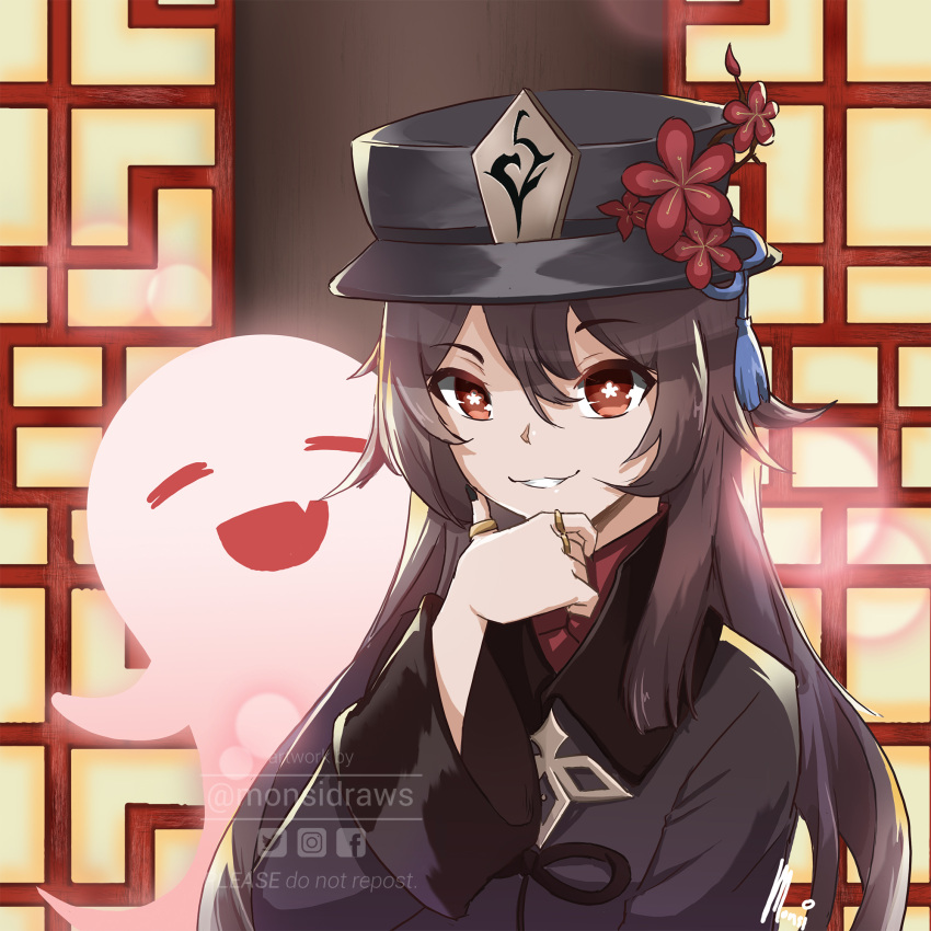 1girl :d architecture bangs black_hair chinese_clothes close-up commentary east_asian_architecture eyebrows_visible_through_hair flower genshin_impact ghost hair_between_eyes hand_on_own_chin hat hat_flower hat_ornament highres hu_tao_(genshin_impact) jewelry lattice long_hair long_sleeves looking_at_viewer monsidraws open_mouth red_eyes ring sidelocks smile symbol-shaped_pupils twintails watermark window