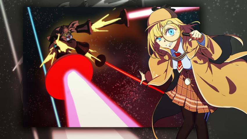 1girl beam blonde_hair blue_eyes coat deerstalker extra_legs grin gundam gundam_seed gundam_seed_destiny hat hololive hololive_english lampshade magnifying_glass mecha_musume pako parody plaid plaid_skirt skirt smile space virtual_youtuber watson_amelia