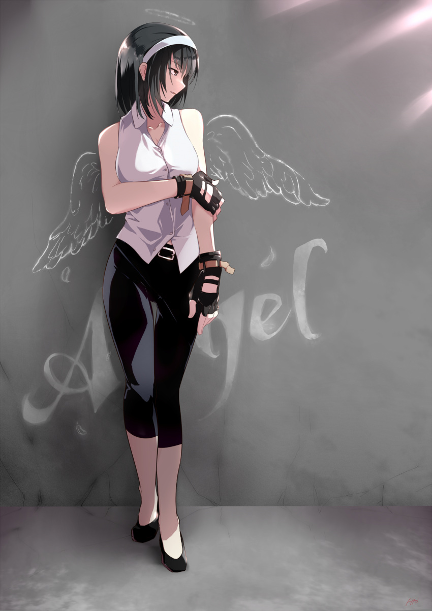 1girl against_wall angel_wings belt_buckle black_footwear black_gloves black_hair black_pants breasts buckle capri_pants collared_shirt contrapposto fingerless_gloves flats full_body gloves graffiti hairband halo hayabusa_aoi highres holding_own_arm kazama_jun looking_to_the_side medium_breasts pants redrawn shirt short_hair sleeveless sleeveless_shirt solo standing tekken tekken_2 white_hairband wings