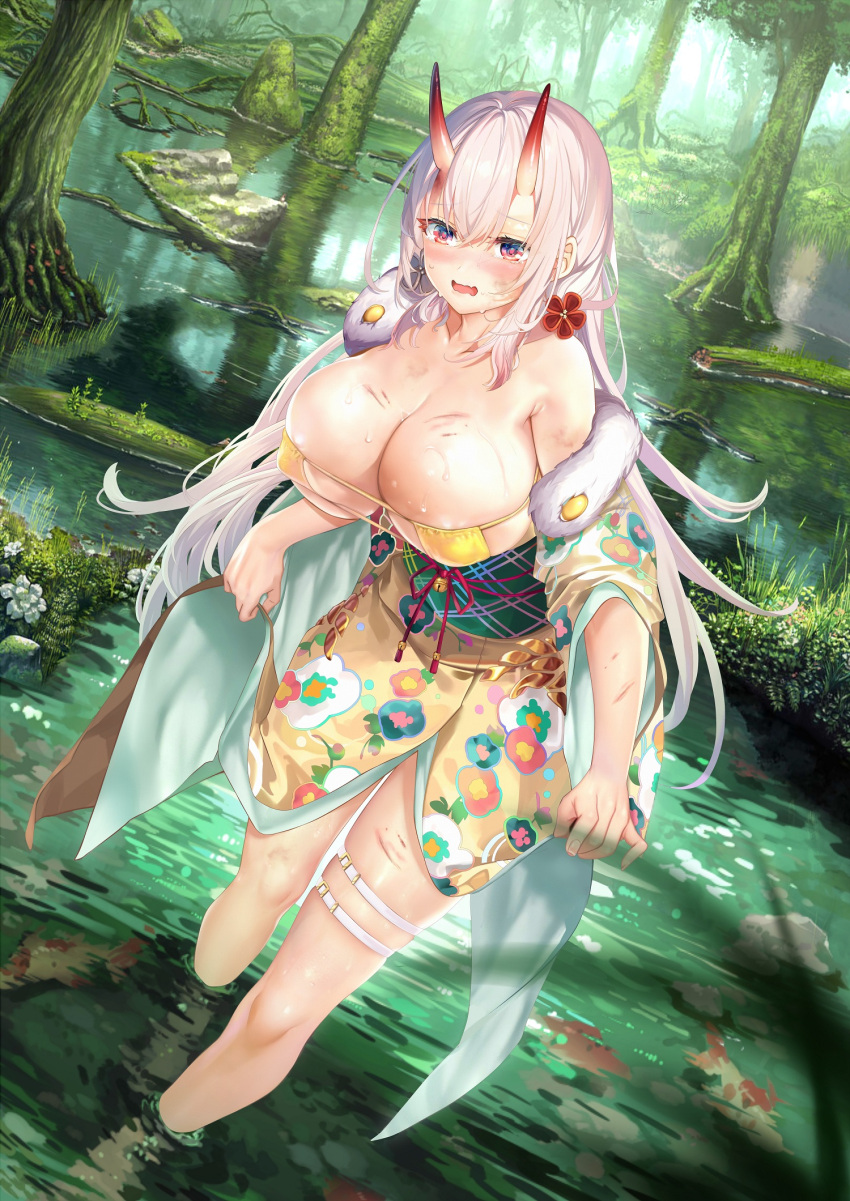 1girl bangs bare_shoulders barefoot bell bikini blush breasts chinese_commentary cleavage clothes_lift collarbone commentary_request covered_nipples day eyebrows_visible_through_hair eyepatch_bikini fingernails floral_print flower forest hair_between_eyes hair_flower hair_ornament highres horns japanese_clothes jingle_bell kimono large_breasts lifted_by_self long_hair long_sleeves looking_at_viewer moss nature obi oni oni_horns open_mouth original outdoors overgrown print_kimono qibu_yuren_jiu red_eyes red_horns red_rope rock roots rope sash scenery sidelocks skin-covered_horns skindentation skirt skirt_lift solo standing strapless strapless_bikini sweat swimsuit tassel tearing_up tears thigh_strap tree very_long_hair wading water white_hair wide_sleeves yellow_bikini