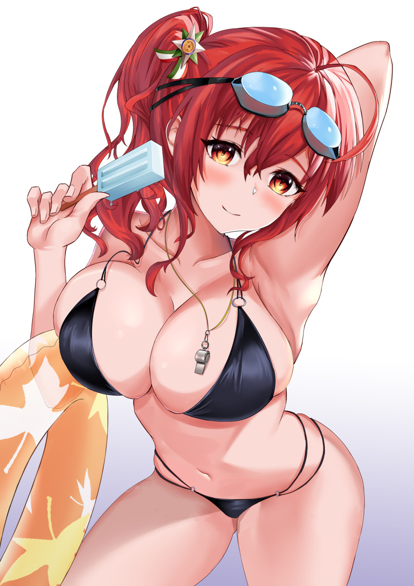 1girl absurdres ahoge arm_behind_head arm_up armpits azur_lane bangs bikini black_bikini blush breasts chinese_commentary collarbone commentary_request cowboy_shot eyebrows_visible_through_hair food goggles goggles_on_head gradient gradient_background grey_background hair_between_eyes halterneck highleg highleg_bikini highres holding holding_food innertube large_breasts leaning_forward long_hair looking_at_viewer midriff multi-strapped_bikini multiple_straps mz_(yeye_ai_chipao_mian) navel o-ring o-ring_bikini official_alternate_costume popsicle red_hair side_ponytail sidelocks simple_background smile solo standing string_bikini swimsuit wet whistle whistle_around_neck white_background zara_(azur_lane) zara_(poolside_coincidence)_(azur_lane)