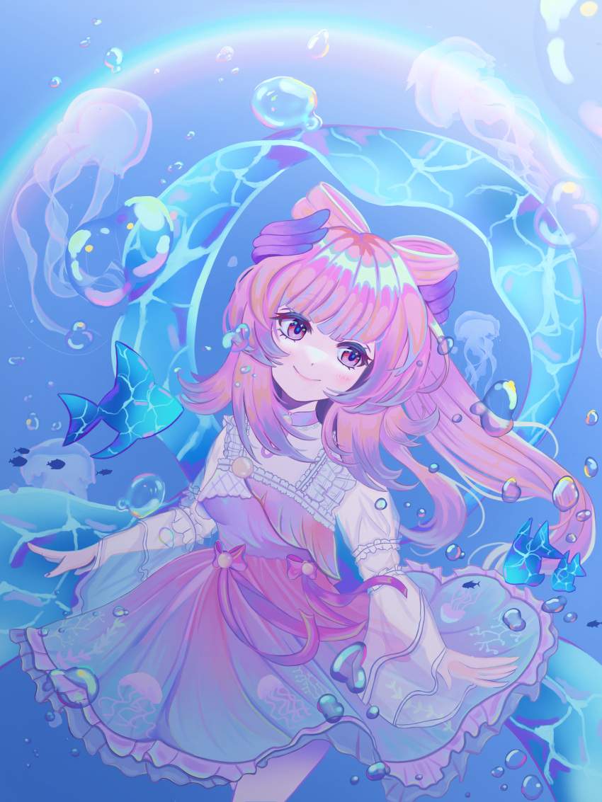 1girl absurdres air_bubble alternate_hairstyle bangs blunt_bangs blush bubble colored_eyelashes dress eyebrows_visible_through_hair fish frilled_dress frills genshin_impact hair_ornament highres jellyfish lipstick long_hair looking_up makeup md5_mismatch multicolored_hair ocean pink_hair resolution_mismatch sangonomiya_kokomi smile solo source_smaller threepenstylus two-tone_hair wide_sleeves