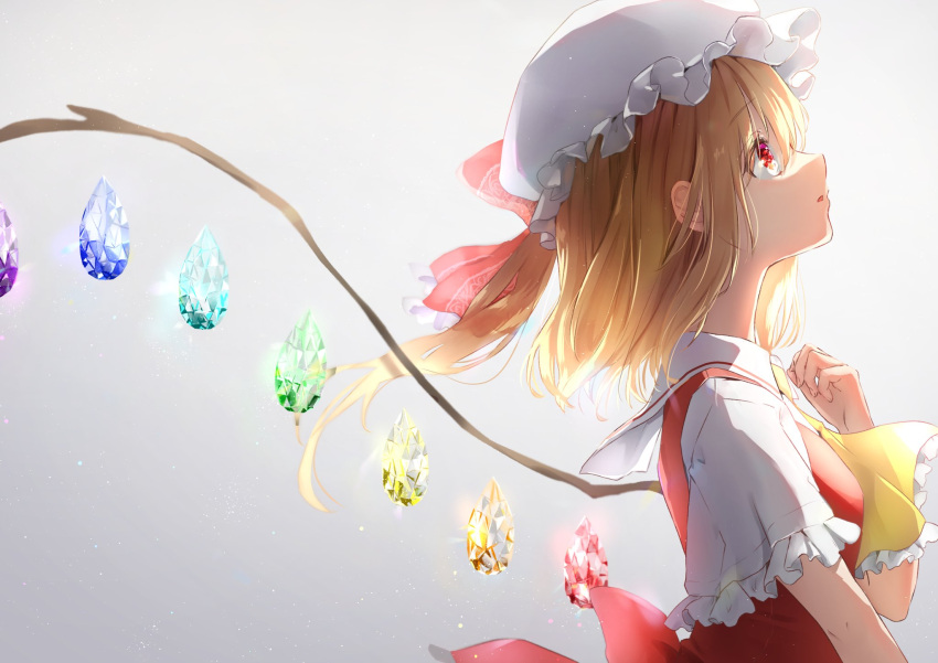 1girl ascot bangs blonde_hair bow commentary_request crystal eyebrows_visible_through_hair flandre_scarlet frilled_neckwear frilled_shirt_collar frills from_side gradient gradient_background grey_background hair_between_eyes hair_bow hand_up hat highres medium_hair mob_cap one_side_up profile puffy_short_sleeves puffy_sleeves red_bow red_eyes red_vest shironeko_yuuki short_sleeves simple_background solo touhou upper_body vest white_headwear wings yellow_ascot