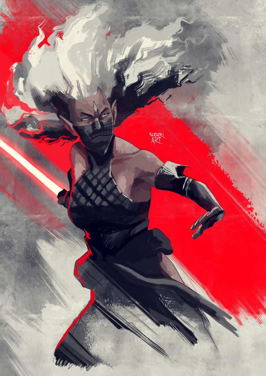 1girl black_gloves breasts collarbone dark-skinned_female dark_skin elbow_gloves energy_sword english_commentary floating_hair gloves halter_top halterneck highres holding holding_lightsaber holding_sword holding_weapon lightsaber looking_to_the_side mask medium_breasts mouth_mask open_hand pointy_ears sith sith_bandit_leader solo star_wars star_wars:_visions sword uzuri_art weapon white_hair