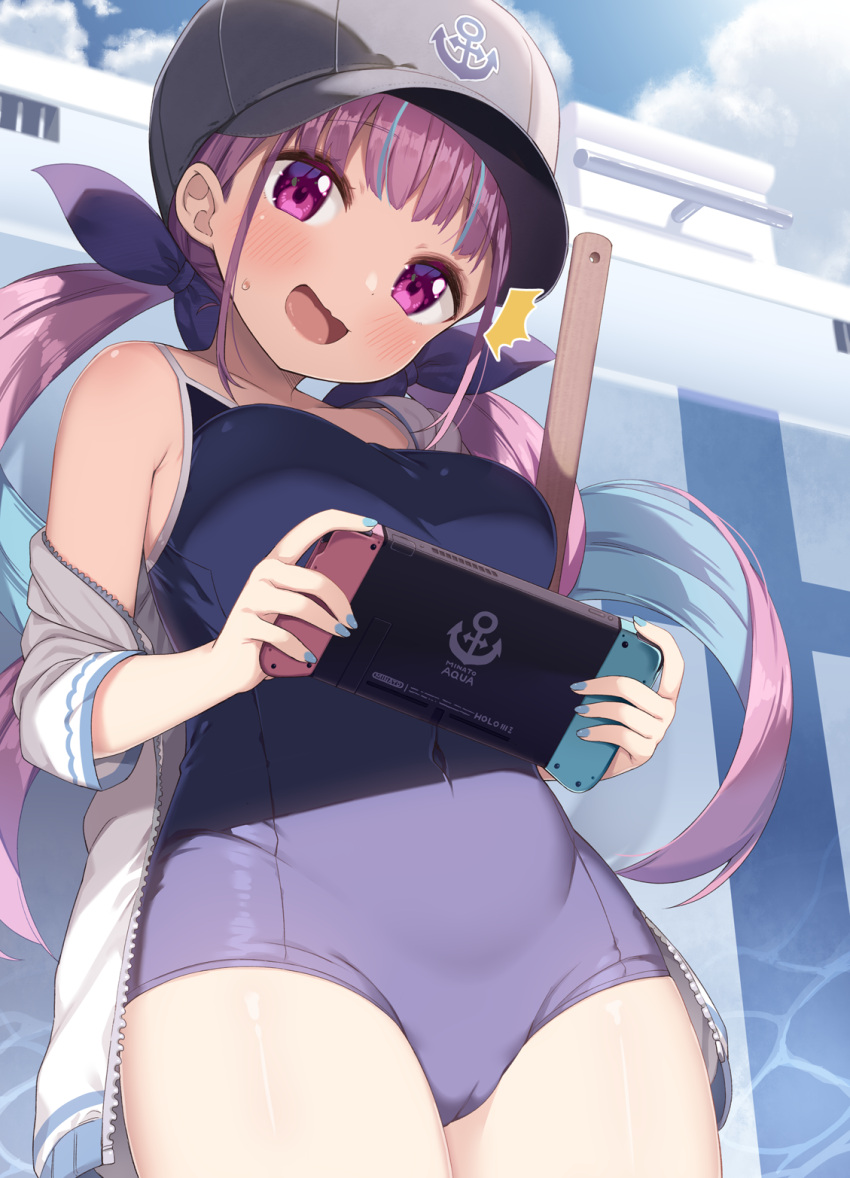 1girl :d ^^^ anchor_symbol bangs baseball_cap blue_hair blue_ribbon blush breasts cameltoe commentary_request empty_pool eyebrows_visible_through_hair grey_headwear hair_ribbon hat highres holding hololive jacket long_hair looking_at_viewer looking_down low_twintails medium_breasts minato_aqua muku_(muku-coffee) multicolored_hair nintendo_switch off_shoulder open_clothes open_jacket open_mouth pink_hair pool purple_eyes ribbon school_swimsuit sidelocks smile solo swimsuit twintails two-tone_hair very_long_hair virtual_youtuber white_jacket