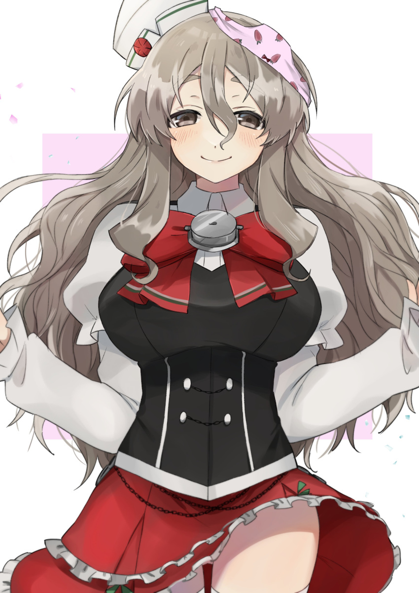 1girl absurdres bangs blush bodice bow bowtie closed_mouth food_print grey_eyes grey_hair hair_between_eyes hat highres kantai_collection long_hair long_sleeves mini_hat object_on_head panties panties_on_head panties_removed pink_background pink_panties pleated_skirt pola_(kancolle) red_bow red_bowtie red_skirt shirt skirt smile solo strawberry_print thick_eyebrows thighhighs toriniku_senshi_chikinman underwear wavy_hair white_background white_headwear white_legwear white_shirt