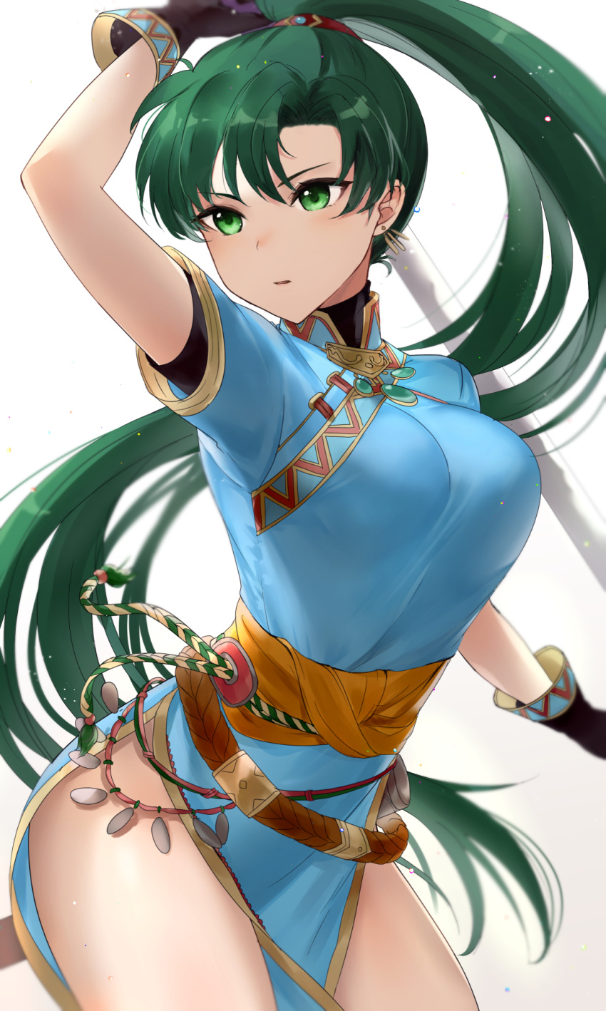 1girl arm_up black_gloves black_shirt blue_dress breasts china_dress chinese_clothes dress earrings fire_emblem fire_emblem:_the_blazing_blade gloves green_eyes green_hair hair_ornament haru_(nakajou-28) high_ponytail highres holding holding_sword holding_weapon jewelry large_breasts long_hair looking_away lyn_(fire_emblem) orange_sash parted_lips pelvic_curtain ponytail sash shirt short_sleeves simple_background solo sword thighs very_long_hair weapon white_background