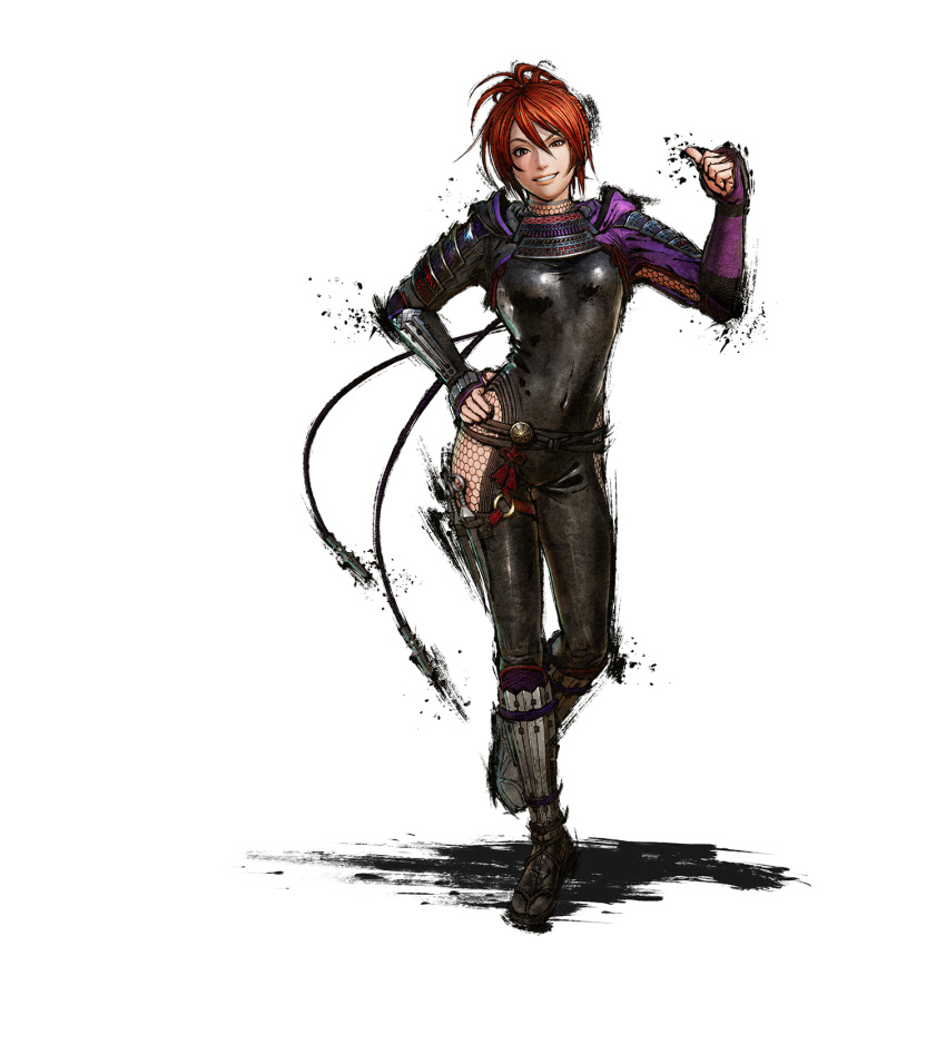 1girl arm_guards armor artist_request bangs black_bodysuit black_sleeves bodysuit covered_navel full_body hand_on_hip highres hip_vent knife leg_armor looking_at_viewer mitsuki_(sengoku_musou) multicolored_sleeves ninja official_art purple_sleeves red_hair sandals sengoku_musou sengoku_musou_5 shoulder_armor smile standing throwing_knife thumbs_up tied_hair transparent_background weapon