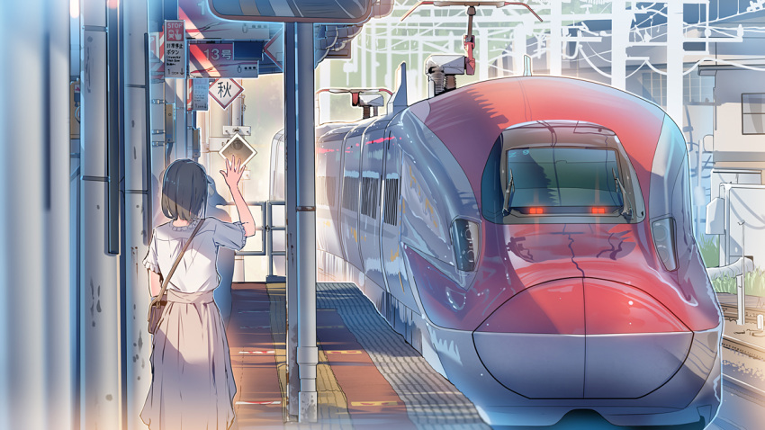 1girl bag black_hair daito duplicate ground_vehicle original overhead_line pixel-perfect_duplicate railroad_tracks shinkansen shirt short_hair solo train train_station train_station_platform waving white_shirt