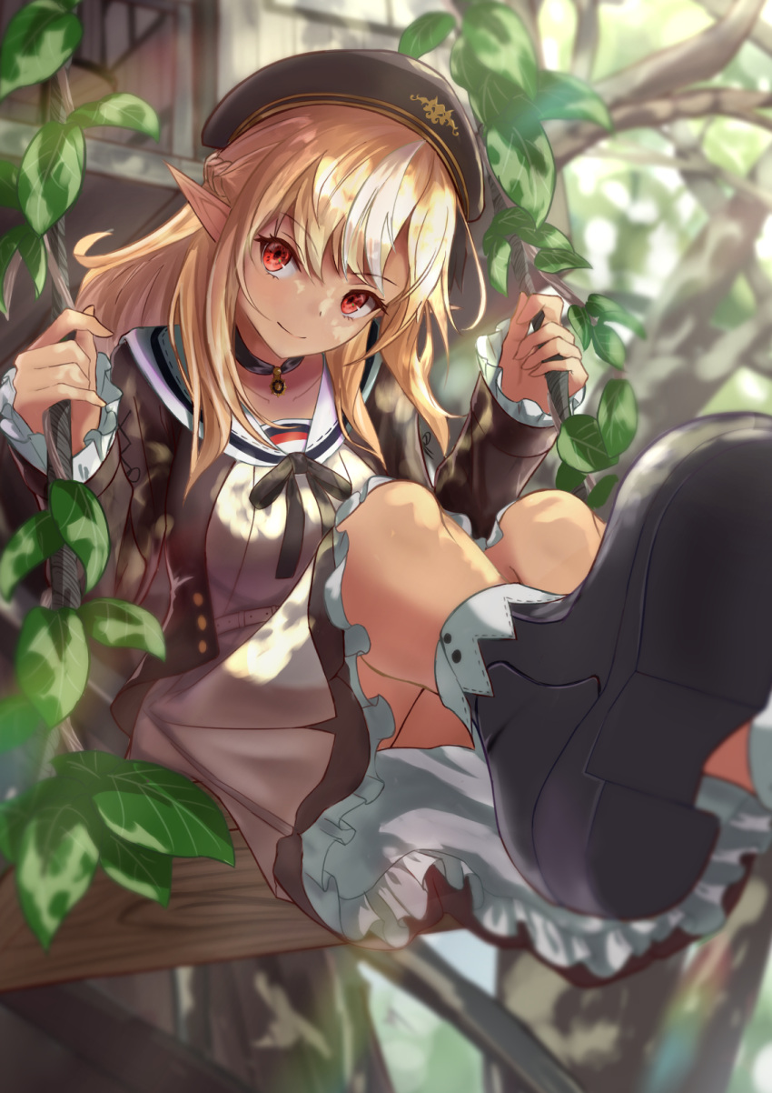 1girl black_footwear blonde_hair boots brown_dress choker closed_mouth collarbone dark-skinned_female dark_skin dress frilled_dress frills highres hololive long_hair looking_at_viewer official_alternate_costume oramustat red_eyes sailor_collar sailor_dress shiranui_flare smile solo swing virtual_youtuber white_sailor_collar