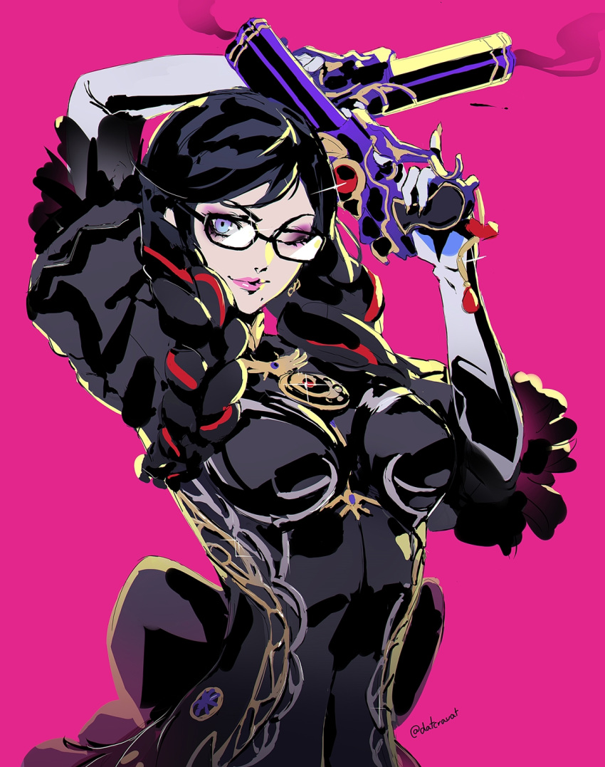 1girl bayonetta bayonetta_(series) bayonetta_3 black_hair braid clothing_cutout datcravat earrings eyeshadow glasses gloves highres jewelry lipstick long_hair looking_at_viewer makeup mole mole_under_mouth multicolored_hair red_hair ribbon simple_background smile solo streaked_hair twin_braids weapon