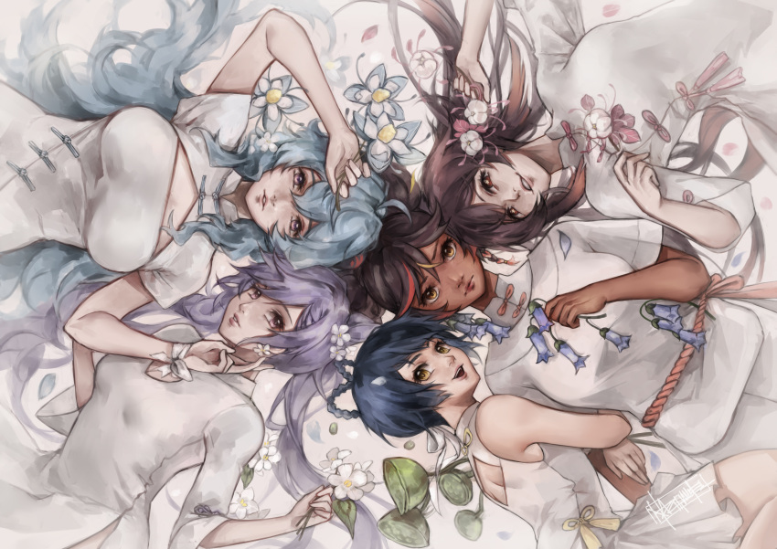 5girls :d absurdres alternate_costume arm_hug bangs bare_back black_hair blue_hair blunt_bangs braid breasts brown_eyes brown_hair china_dress chinese_clothes cleavage commentary dark-skinned_female dark_skin double_bun dress english_commentary eyebrows_visible_through_hair eyes_visible_through_hair flower from_above ganyu_(genshin_impact) genshin_impact hair_between_eyes hair_cones hair_flower hair_ornament highres holding holding_flower horns hu_tao_(genshin_impact) keqing_(genshin_impact) long_hair long_sleeves looking_at_viewer looking_up lying multicolored_hair multiple_girls on_back open_mouth oral parted_lips purple_eyes purple_hair rope sanktkaisersavia short_sleeves sidelocks smile streaked_hair thick_eyebrows twin_braids twintails two-tone_hair xiangling_(genshin_impact) xinyan_(genshin_impact) yellow_eyes yuri