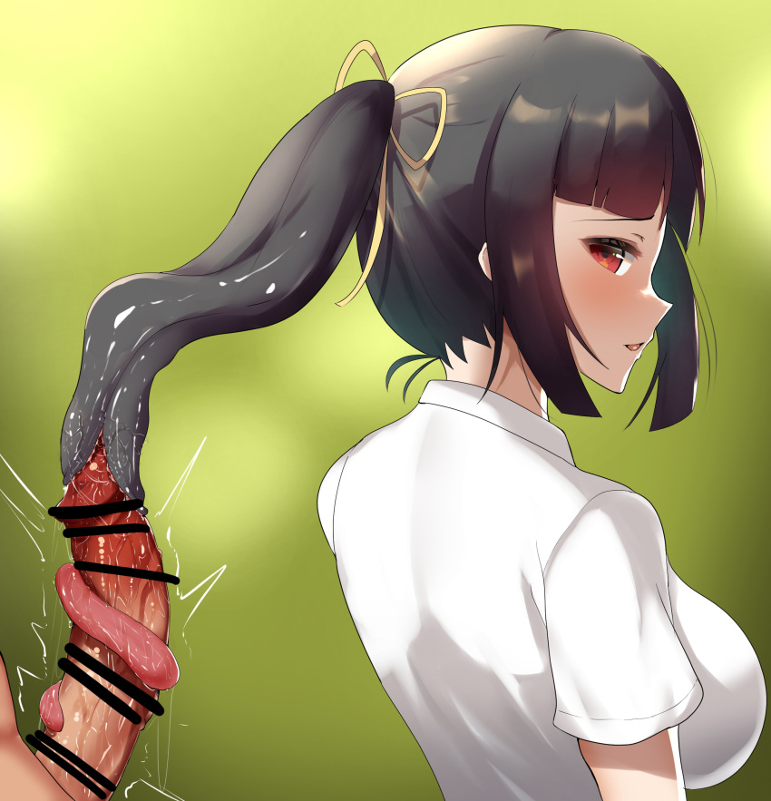 1boy 1girl bar_censor black_hair breasts censored erection fascr00 fellatio hetero highres large_breasts long_tongue mawile oral penis personification pokemon red_eyes shirt short_sleeves side_ponytail tongue white_shirt