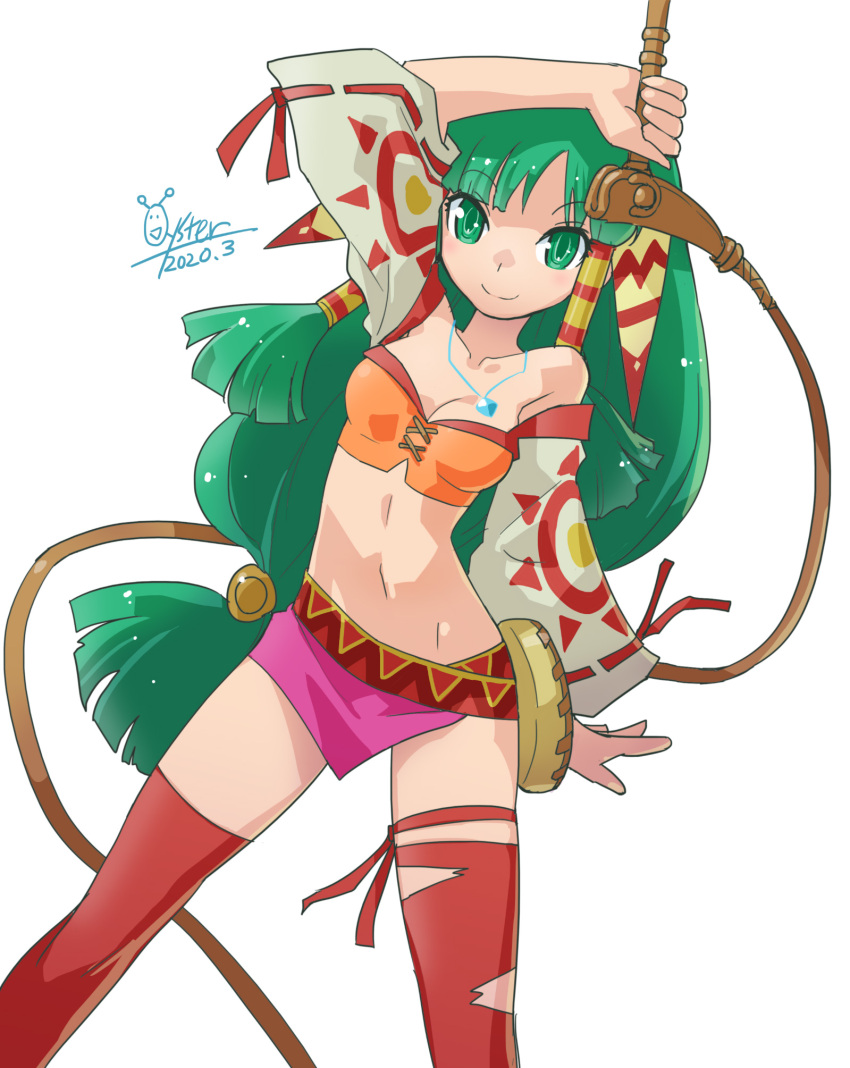 1girl breasts closed_mouth feena_(grandia) grandia grandia_i green_eyes green_hair hair_ornament hair_tubes highres jewelry long_hair looking_at_viewer low-tied_long_hair midriff navel necklace oyster_(artist) simple_background skirt smile solo thighhighs white_background