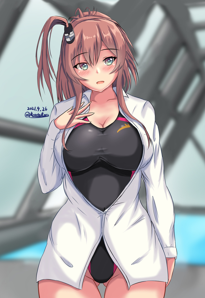 1girl alternate_costume bangs black_swimsuit blurry blurry_background breasts brown_hair collarbone collared_shirt competition_swimsuit grey_eyes hair_between_eyes highres kantai_collection large_breasts long_sleeves montemasa one-piece_swimsuit ponytail rei_no_pool saratoga_(kancolle) shirt side_ponytail sidelocks smokestack_hair_ornament solo swimsuit swimsuit_under_clothes white_shirt