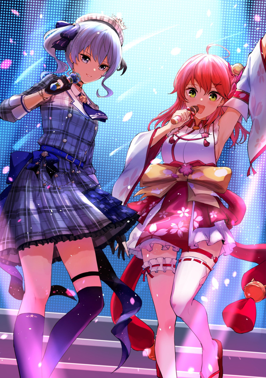 2girls ahoge arm_up armpits ascot asymmetrical_legwear bangs beret black_choker black_gloves blue_ascot blue_eyes blue_hair blue_nails breasts choker commentary_request detached_sleeves dress fingerless_gloves gloves green_eyes hat highres holding holding_microphone hololive hoshimachi_suisei looking_at_viewer medium_breasts microphone multiple_girls obi plaid plaid_dress plaid_headwear red_hair sakura_miko sash side_ponytail small_breasts star_(symbol) star_in_eye symbol_in_eye tassel thigh_strap thighhighs uneven_legwear virtual_youtuber wing_collar yellow_sash yuu201023