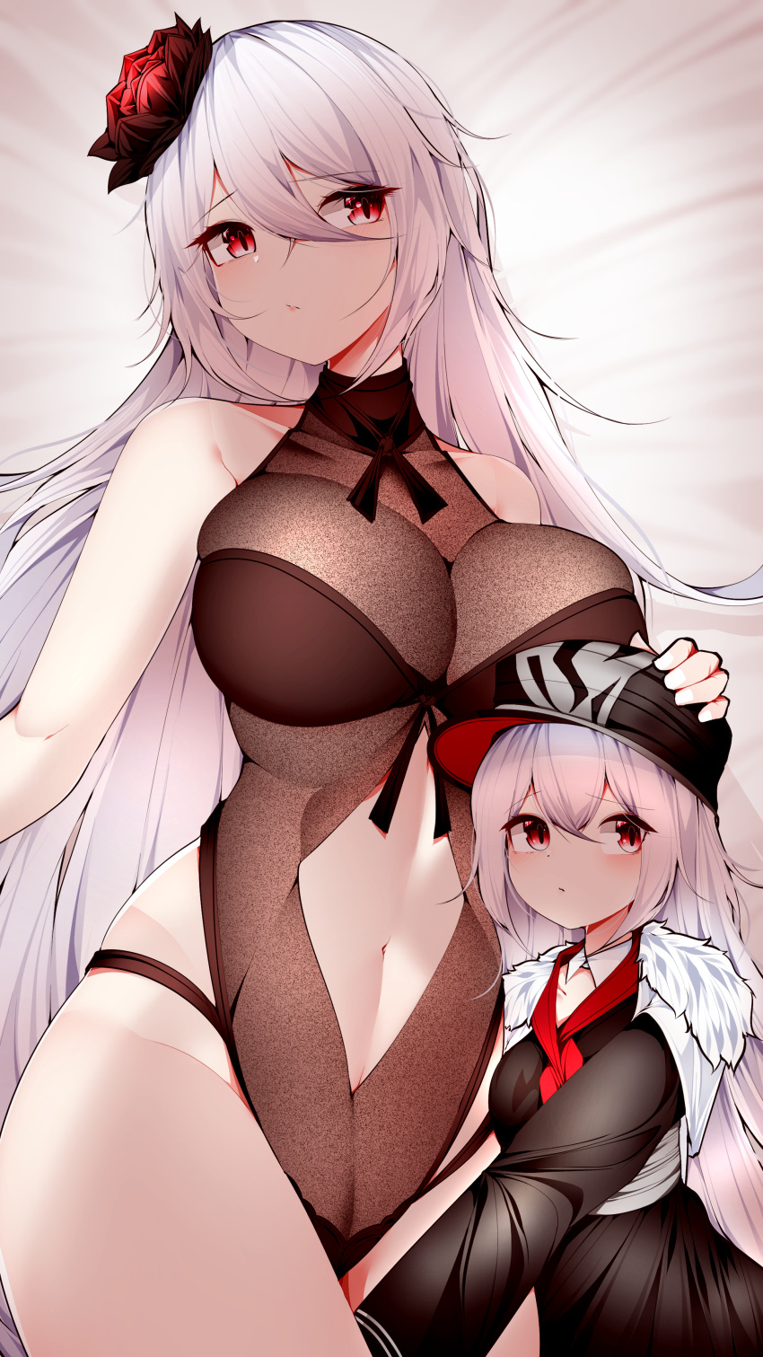 2girls absurdres azur_lane black_flower black_headwear black_jacket black_rose black_swimsuit breasts casual_one-piece_swimsuit cleavage clothing_cutout eyebrows_visible_through_hair flower graf_zeppelin_(azur_lane) graf_zeppelin_(beachside_urd)_(azur_lane) hair_between_eyes hair_flower hair_ornament hat highres impossible_clothes impossible_swimsuit jacket large_breasts long_hair multiple_girls navel navel_cutout official_alternate_costume one-piece_swimsuit peaked_cap red_eyes rose samip skin_tight swimsuit very_long_hair white_hair zeppy_(azur_lane)