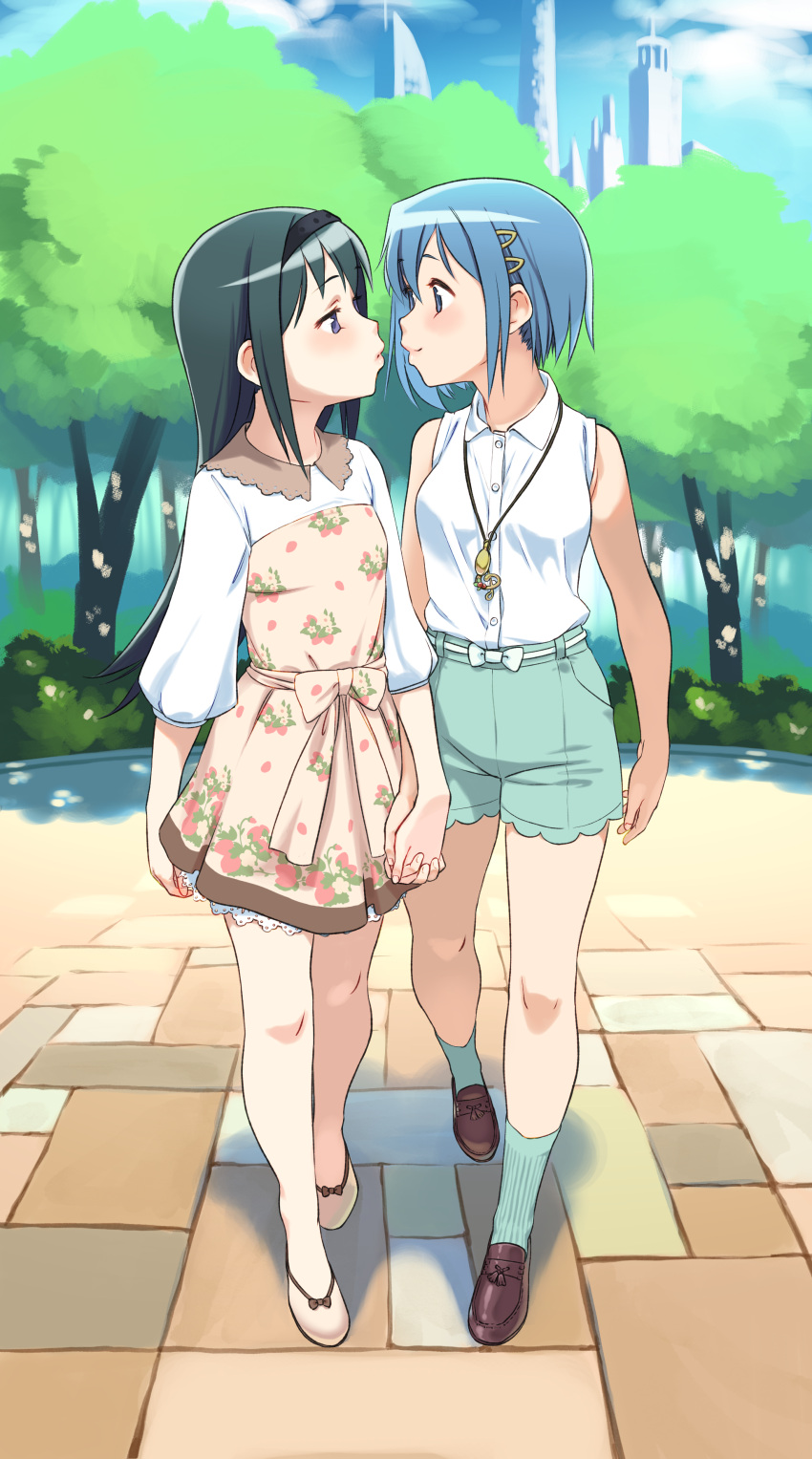 2girls absurdres akemi_homura bare_shoulders black_hair blue_eyes blue_hair blue_shorts blush breasts closed_mouth commentary commission couple dress english_commentary eye_contact eyebrows_visible_through_hair gloamy hair_ornament hairband hairclip highres holding_hands imminent_kiss interlocked_fingers jewelry long_hair looking_at_another mahou_shoujo_madoka_magica miki_sayaka multiple_girls necklace outdoors park purple_eyes shiny shiny_hair short_hair shorts small_breasts smile yuri