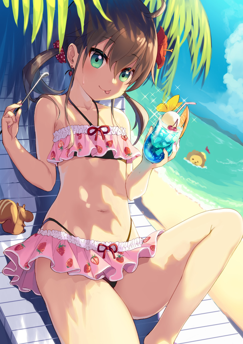 1girl :p bangs bare_arms bare_legs bare_shoulders bendy_straw bikini black_bikini brown_hair chair closed_mouth collarbone commentary_request cup day drinking_straw dutch_angle earrings ebi_frion_(natsuiro_matsuri) eyebrows_visible_through_hair feet_out_of_frame flat_chest flower food-themed_earrings food_print green_eyes hair_between_eyes hair_flower hair_ornament halter_top halterneck hibiscus highres holding holding_cup holding_spoon hololive jewelry layered_bikini long_hair looking_at_viewer lounge_chair lying minamura_haruki nail_polish natsuiro_matsuri navel on_back outdoors pink_bikini print_bikini red_flower smile solo sparkle spoon strawberry_earrings strawberry_print swimsuit tongue tongue_out twintails virtual_youtuber water