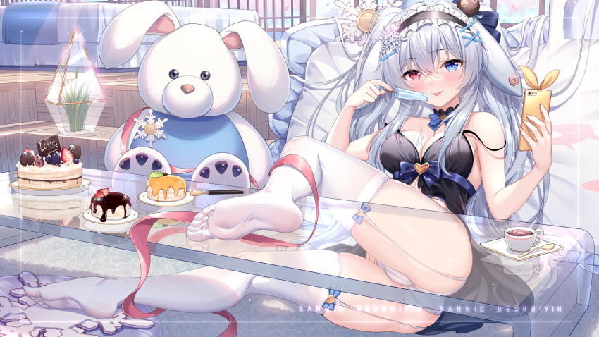 1girl :p animal_ears ass babydoll bangs bed blue_eyes breasts cake cameltoe cellphone commentary_request cup eyebrows_visible_through_hair fake_animal_ears feet food food_on_breasts frilled_hairband frills full_body garter_straps glass_table hair_between_eyes hair_ornament hairband heterochromia highres holding holding_food holding_phone indie_virtual_youtuber indoors long_hair medium_breasts no_shoes panties phone pink_ribbon plate popsicle red_eyes ribbon sannio smartphone snowflake_hair_ornament soles solo spoon stuffed_animal stuffed_bunny stuffed_toy table teacup thighhighs tongue tongue_out twintails underwear very_long_hair virtual_youtuber white_legwear white_panties x_hair_ornament yukie_ririna