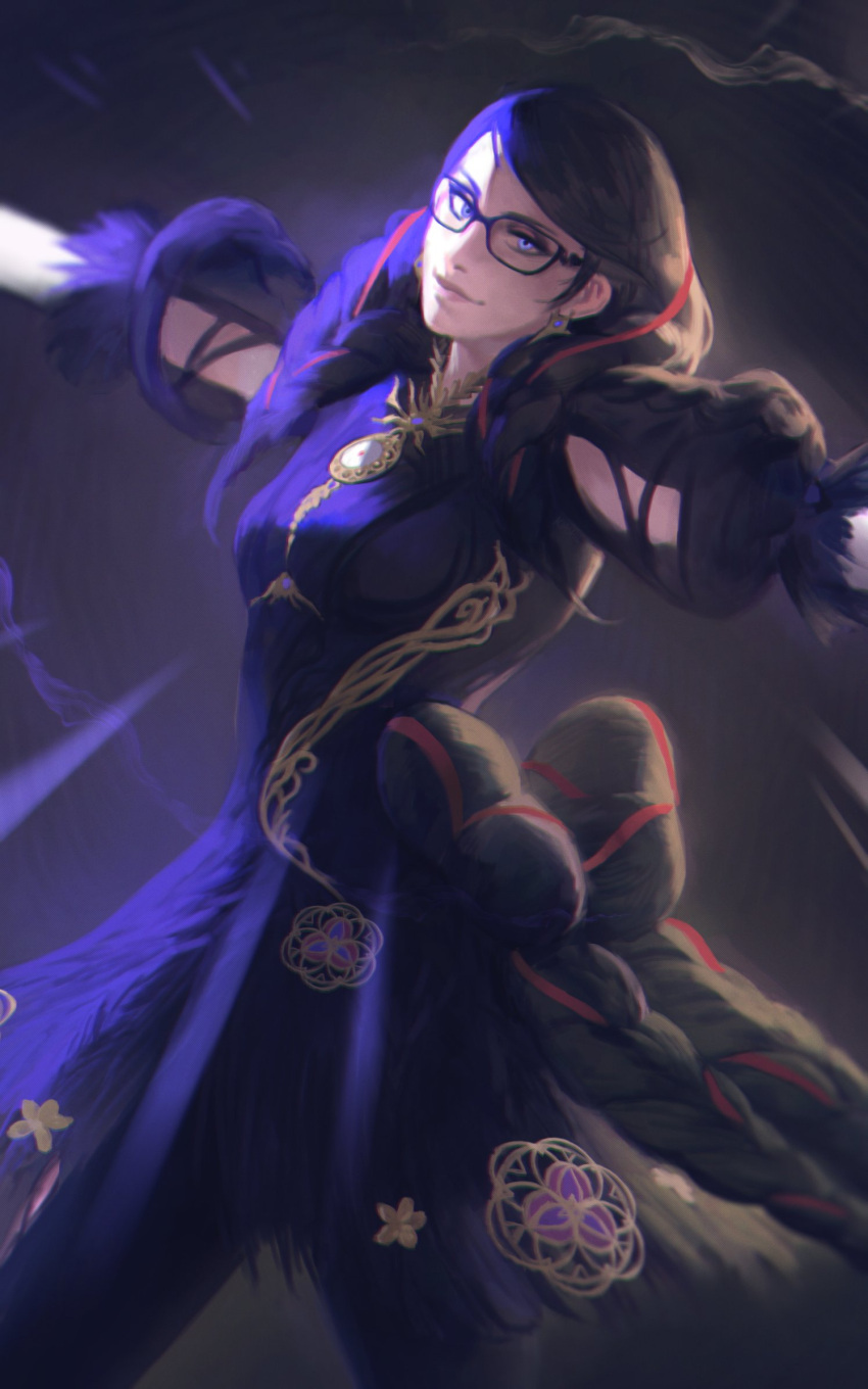 1girl bayonetta bayonetta_(series) bayonetta_3 black_hair braid clothing_cutout earrings eyeshadow glasses gloves highres jewelry kia_shie lipstick long_hair looking_at_viewer makeup multicolored_hair red_hair ribbon simple_background smile solo streaked_hair twin_braids weapon