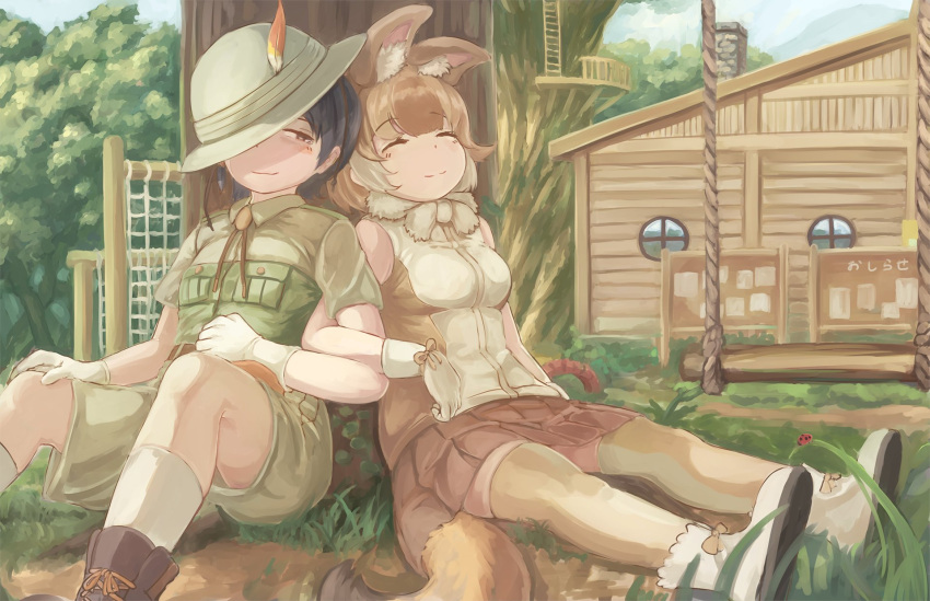 2girls animal_ears bare_shoulders black_hair blush boots bow bowtie brown_footwear brown_legwear brown_shirt brown_skirt bucket_hat captain_(kemono_friends) collared_shirt dhole_(kemono_friends) dog_ears dog_girl dog_tail eyebrows_visible_through_hair gloves hat hat_feather highres kemono_friends kemono_friends_3 khakis light_brown_hair locked_arms looking_at_another multicolored_hair multiple_girls neck_ribbon okyao one_eye_closed pleated_skirt ribbon shirt short_sleeves shorts sitting skirt sleeping sleeveless socks t-shirt tail thighhighs tree two-tone_hair two-tone_legwear two-tone_shirt uniform white_bow white_bowtie white_gloves white_hair white_legwear white_shirt zettai_ryouiki