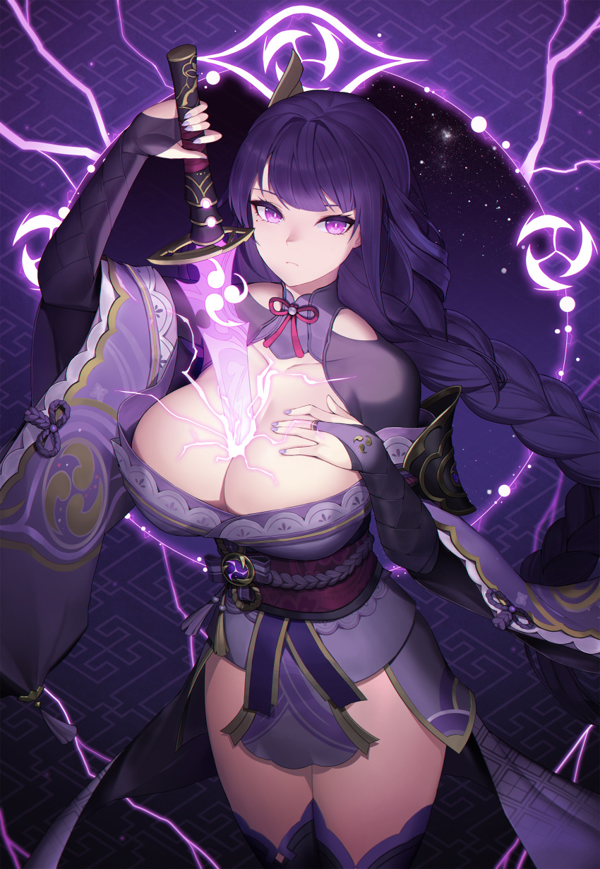 1girl absurdres braid braided_ponytail breasts bridal_gauntlets cleavage closed_mouth cowboy_shot drawing_sword electricity genshin_impact highres holding holding_sword holding_weapon human_scabbard japanese_clothes kimono large_breasts long_hair looking_at_viewer mitsudomoe_(shape) mole mole_under_eye morung neck_ribbon obi purple_eyes purple_hair purple_kimono purple_legwear raiden_shogun ribbon sash solo sword sword_out_of_chest thighhighs tomoe_(symbol) very_long_hair vision_(genshin_impact) weapon wide_sleeves