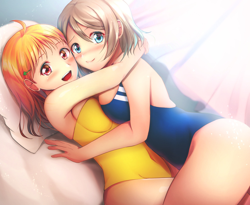 2girls ahoge bed blue_eyes blue_swimsuit blush breast_press casual_one-piece_swimsuit clover_hair_ornament commentary_request competition_swimsuit curtains hair_ornament hug light_brown_hair looking_at_viewer love_live! love_live!_sunshine!! multiple_girls niwatori_(eck16614) nose_blush one-piece_swimsuit orange_hair red_eyes short_hair swimsuit symmetrical_docking takami_chika watanabe_you yellow_swimsuit yuri