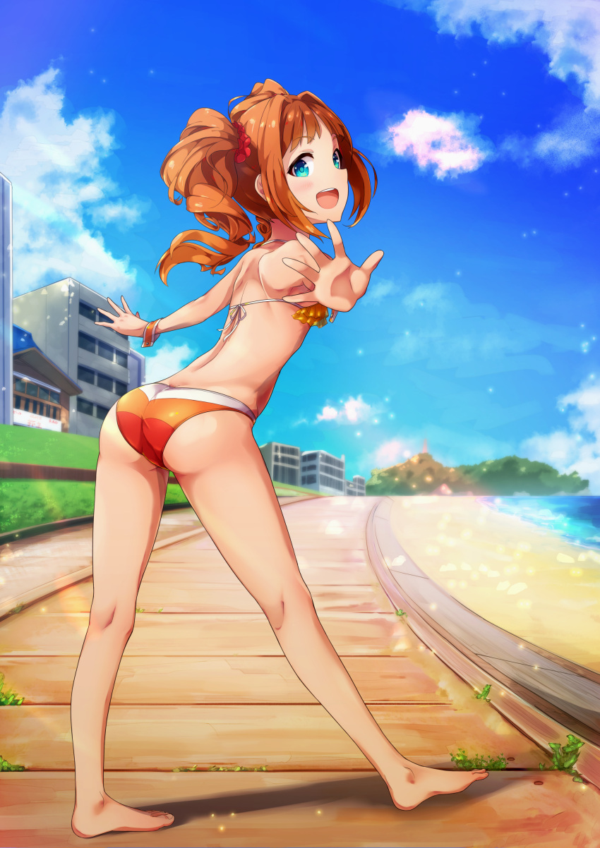 1girl :d absurdres ass bangs barefoot beach bikini blue_eyes blue_sky brown_hair butt_crack cloud day full_body hair_intakes hair_ornament hair_scrunchie highres idolmaster idolmaster_(classic) long_hair oops open_mouth orange_bikini outdoors outstretched_arms red_scrunchie scrunchie shiny shiny_hair shore shoulder_blades sky smile solo swimsuit takatsuki_yayoi twintails