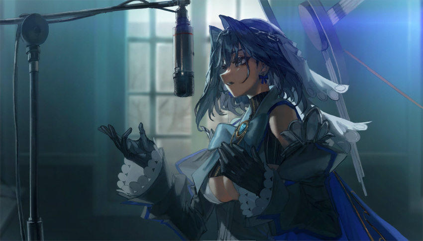 1girl black_gloves black_shirt blue_bow blue_cape blue_eyes blue_hair bow bow_earrings breasts cape detached_sleeves earrings english_commentary gloves hair_intakes head_chain highres hololive hololive_english jewelry large_breasts mechanical_halo medium_hair microphone microphone_cord microphone_stand music open_mouth ouro_kronii profile quasarcake shirt singing solo underboob upper_body veil virtual_youtuber white_veil window