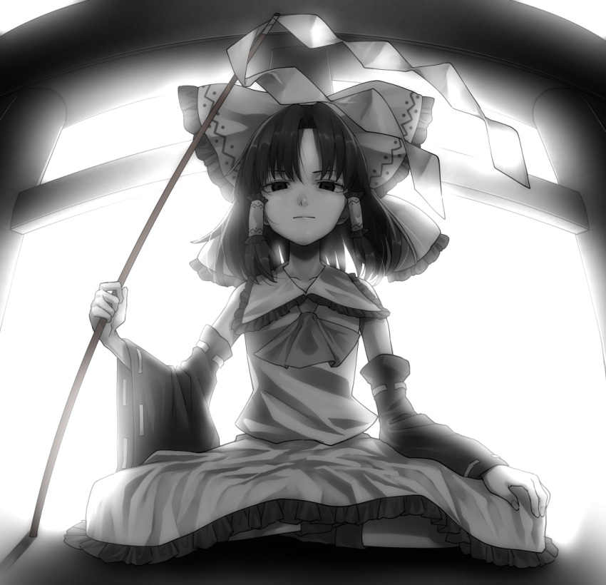 1girl ascot bangs black_eyes black_hair bow closed_mouth collarbone collared_dress commentary crossed_legs detached_sleeves dress frilled_bow frills from_below gohei greyscale hair_bow hair_tubes hakurei_reimu looking_at_viewer m.u.g.e.n medium_hair monochrome nontraditional_miko ribbon-trimmed_sleeves ribbon_trim rion_(glayjirobass) sidelocks sitting solo torii touhou white_background white_bow white_dress wide_sleeves