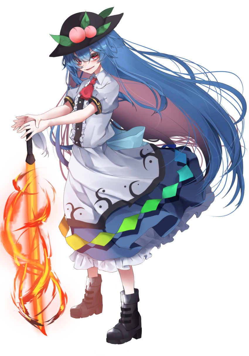 1girl absurdres ascot bangs black_footwear black_headwear blue_hair blue_skirt boots center_frills commentary_request eyebrows_visible_through_hair food frills fruit full_body hair_between_eyes hat highres hinanawi_tenshi holding holding_sword holding_weapon long_hair looking_at_viewer parted_lips peach petticoat puffy_short_sleeves puffy_sleeves red_ascot red_eyes shirt short_sleeves simple_background skirt smile solo standing sword sword_of_hisou touhou tsune_(tune) very_long_hair weapon white_background white_shirt