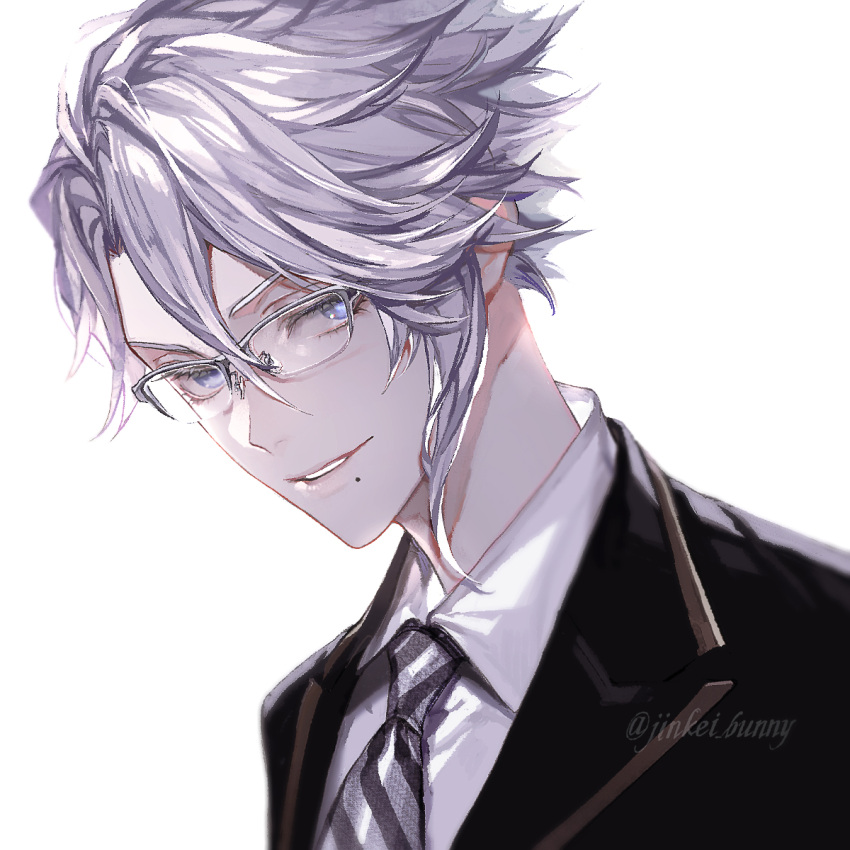 1boy azul_ashengrotto bangs black_jacket blue_eyes glasses highres jacket koshika_rina looking_at_viewer male_focus mole mole_under_mouth necktie night_raven_college_uniform school_uniform shirt short_hair silver_hair smile solo twisted_wonderland twitter_username upper_body white_background white_shirt