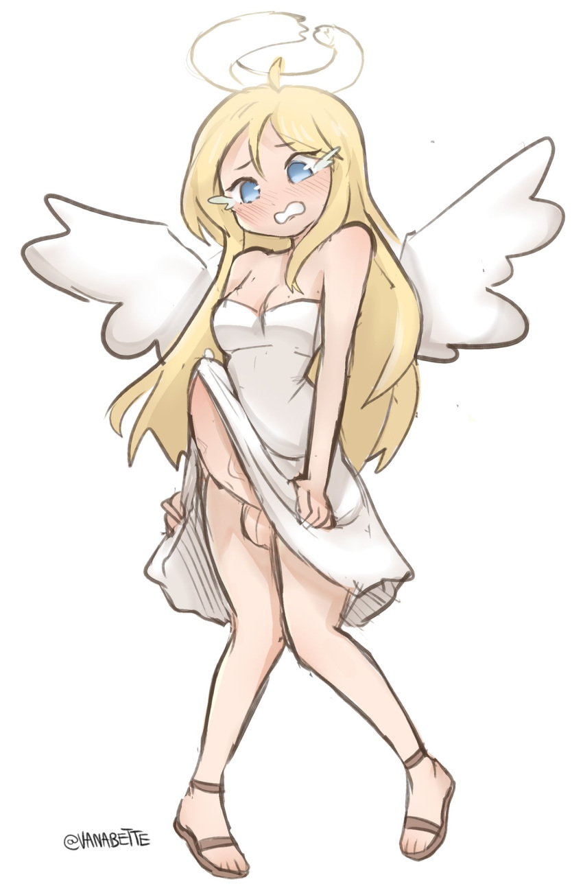 1girl ahoge angel_wings blonde_hair blue_eyes blush breasts broken_halo brown_footwear bulge cleavage commentary crimvael crying crying_with_eyes_open dress english_commentary erection erection_under_clothes full_body futanari halo highres ishuzoku_reviewers knees_together_feet_apart large_penis long_hair medium_breasts penis sandals simple_background solo standing tears testicles twitter_username uncensored vanabette white_background white_dress wings